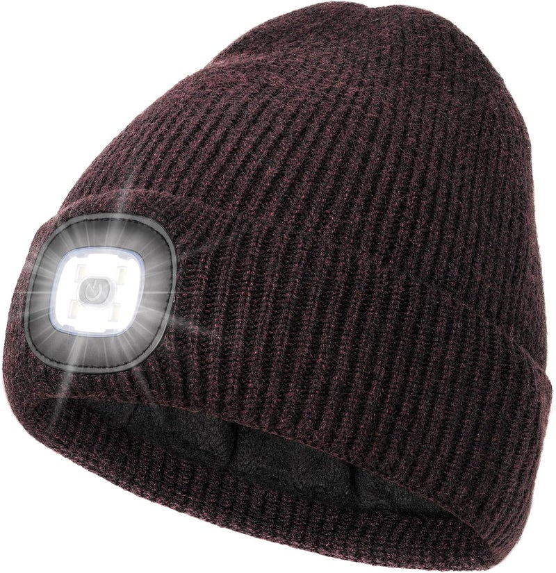 MELASA Winter Fleece Lined LED Beanie, USB Rechargeable Hand Free Warm Hat with Light Built in, Gifts for Men Dad Husband Him - Image 1